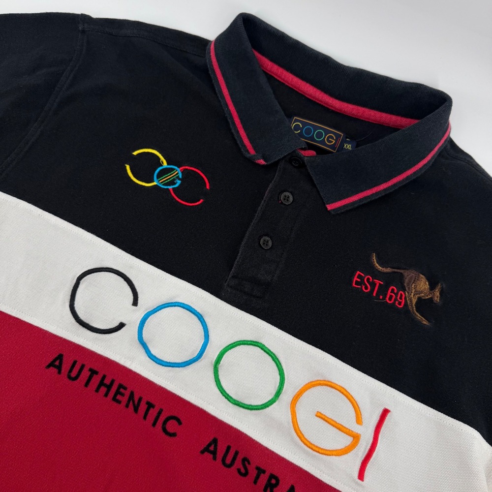 Coogi VTG Polo Shirt Men XXL Black Red White Colorblock Embroider Kangaroo Logo